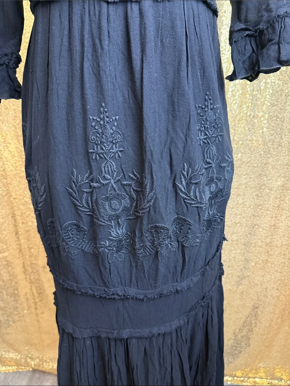 Black Embroidered Tiered Maxi Dress - Elegant Longline Style